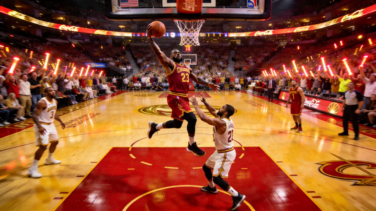 NBA总决赛赛场激烈对抗瞬间，球员飞身扣篮，观众席爆满