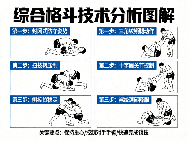 综合格斗技术分析图解，展示地面缠斗和降服技巧的分解动作