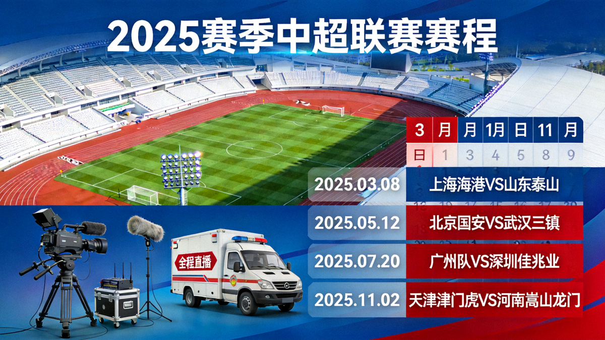 2025赛季中超联赛赛程宣传图，展示球场、赛程日历及直播设备