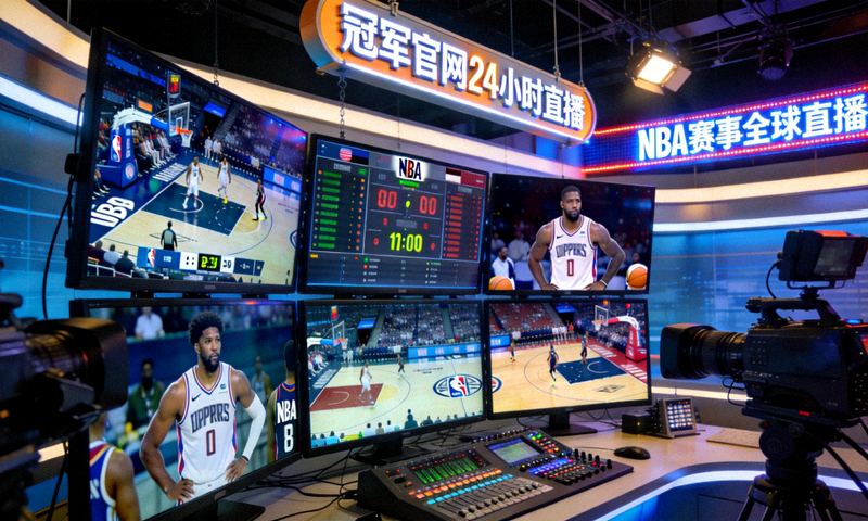 冠军官网24小时直播演播室，多屏幕显示全球各地NBA比赛