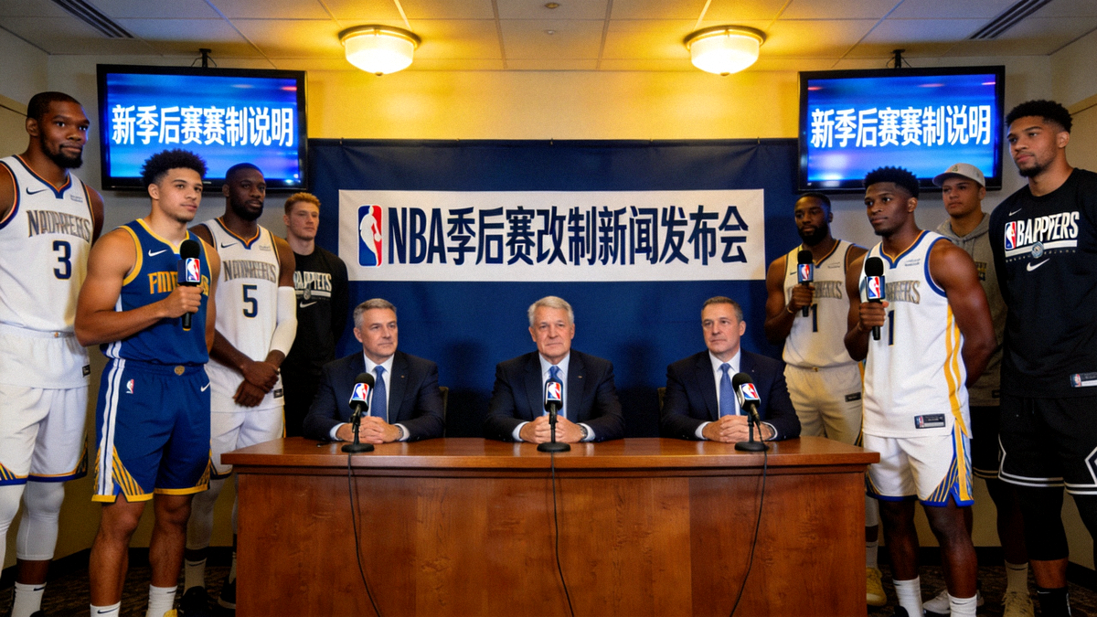 NBA季后赛改制新闻发布会现场，联盟官员与球星齐聚一堂